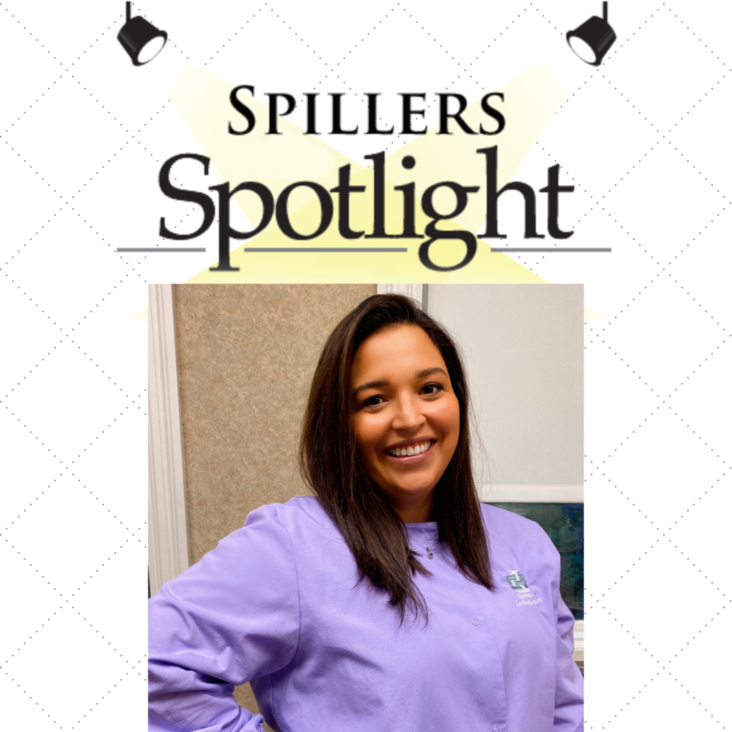 Courtney, Spillers Spotlight, Orthodontic assistant at Spillers Orthodontics, girl smiling in purple long sleeve shirt with "spillers spotlight" banner above 